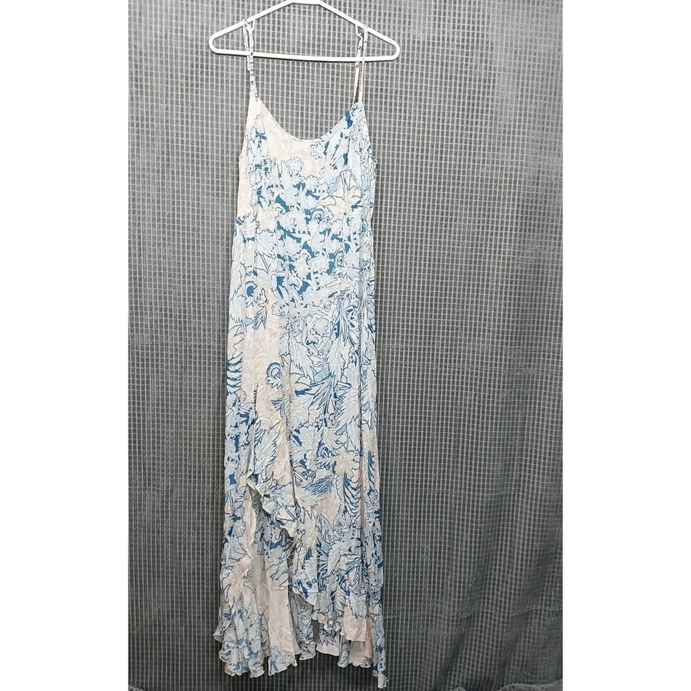 Free People Maxi Dress Womens Floral Ruffle High Low L Blue Cream Intimately